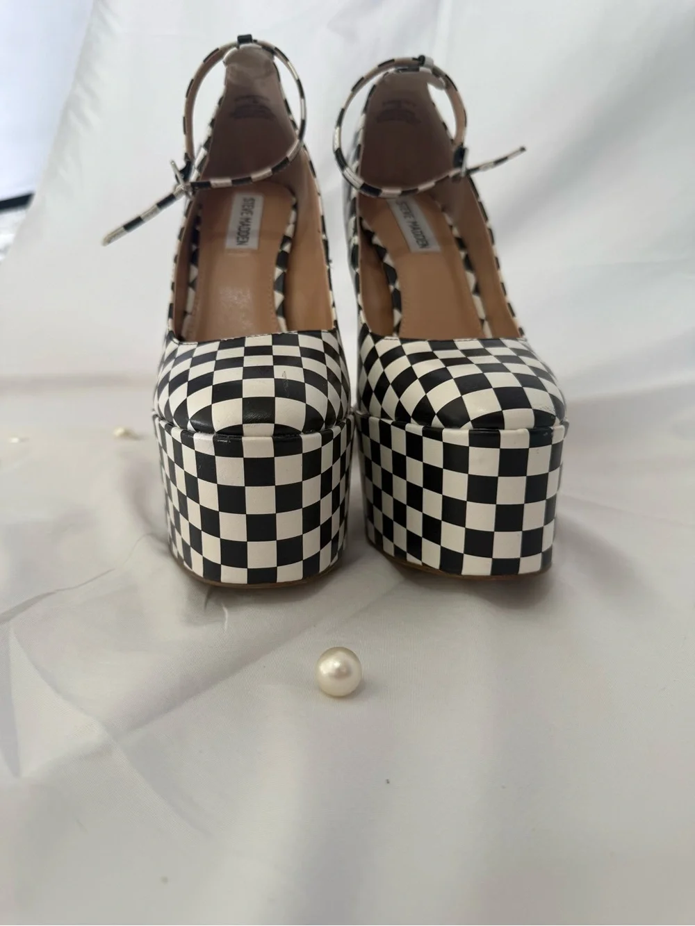 Steve Madden Black and White Checkerboard Platform Pumps with Ankle Strap